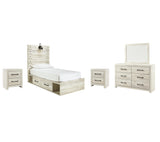 Cambeck Panel Bed with 4 Storage Drawers with Mirrored Dresser and 2 Nightstands
