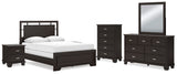 Covetown Panel Bed with Mirrored Dresser, Chest and 2 Nightstands