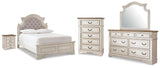 Realyn Upholstered Panel Bed, Dresser, Mirror, Chest and Nightstand