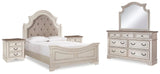 Realyn Upholstered Panel Bed, Dresser, Mirror and 2 Nightstands