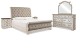 Realyn Upholstered Sleigh Bed, Dresser, Mirror and 2 Nightstands