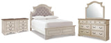 Realyn Upholstered Panel Bed, Dresser, Mirror and 2 Nightstands