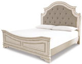 Realyn Upholstered Panel Bed with Mirrored Dresser and Nightstand