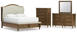 Sturlayne Upholstered Panel Bed, Dresser, Mirror and Chest
