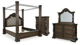 Maylee Canopy Bed, Dresser, Mirror and Chest
