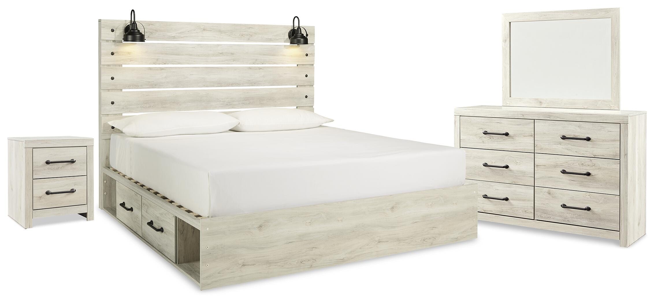 Cambeck Panel Bed with Storage, Dresser, Mirror and Nightstand
