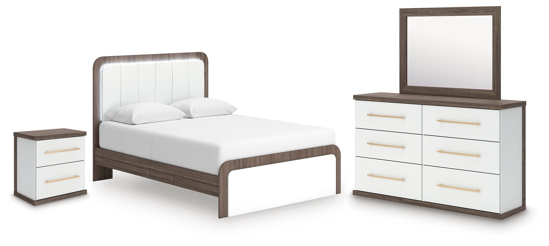 Kendanport Upholstered Bed, Dresser, Mirror and Nightstand