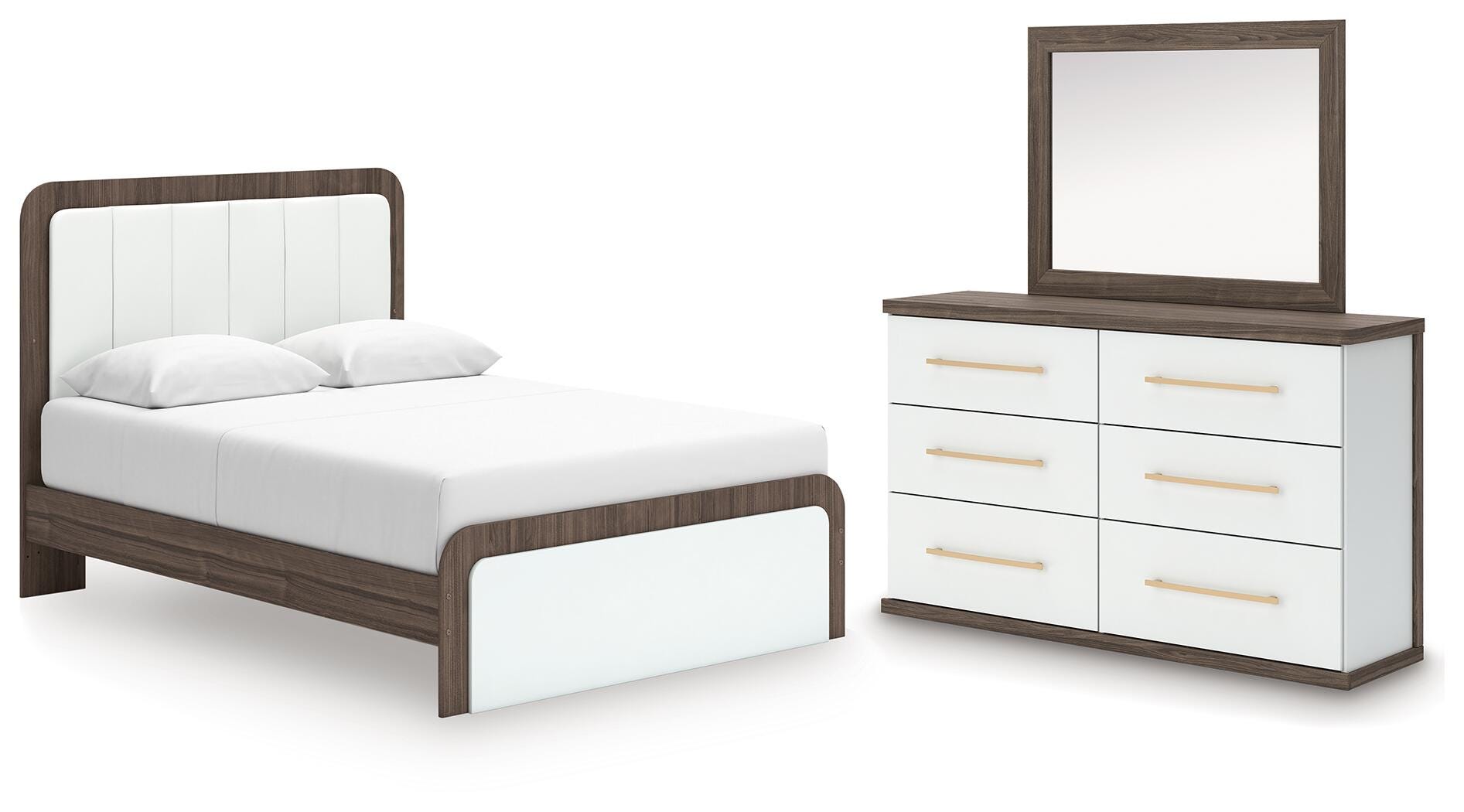 Kendanport Upholstered Platform Bed, Dresser and Mirror