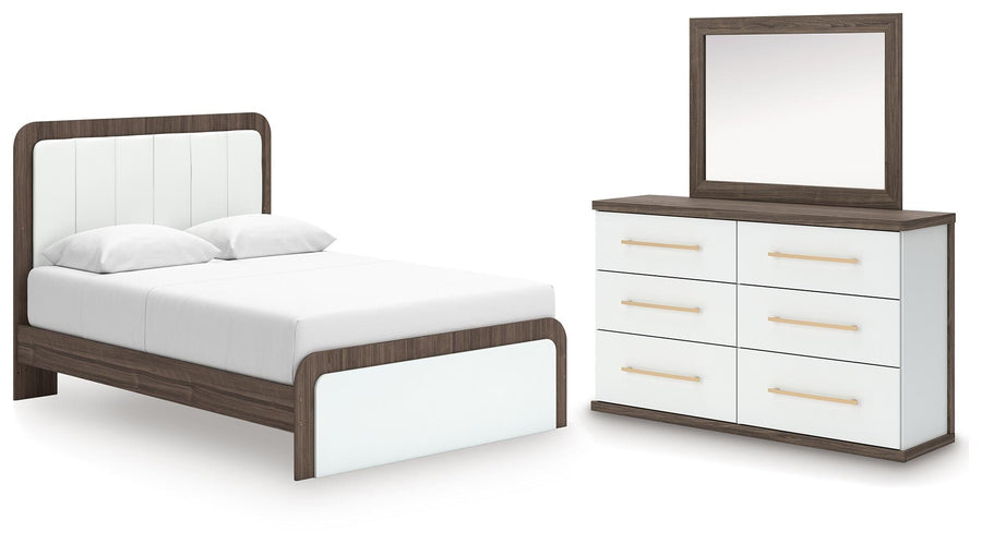 Kendanport Upholstered Platform Bed, Dresser and Mirror