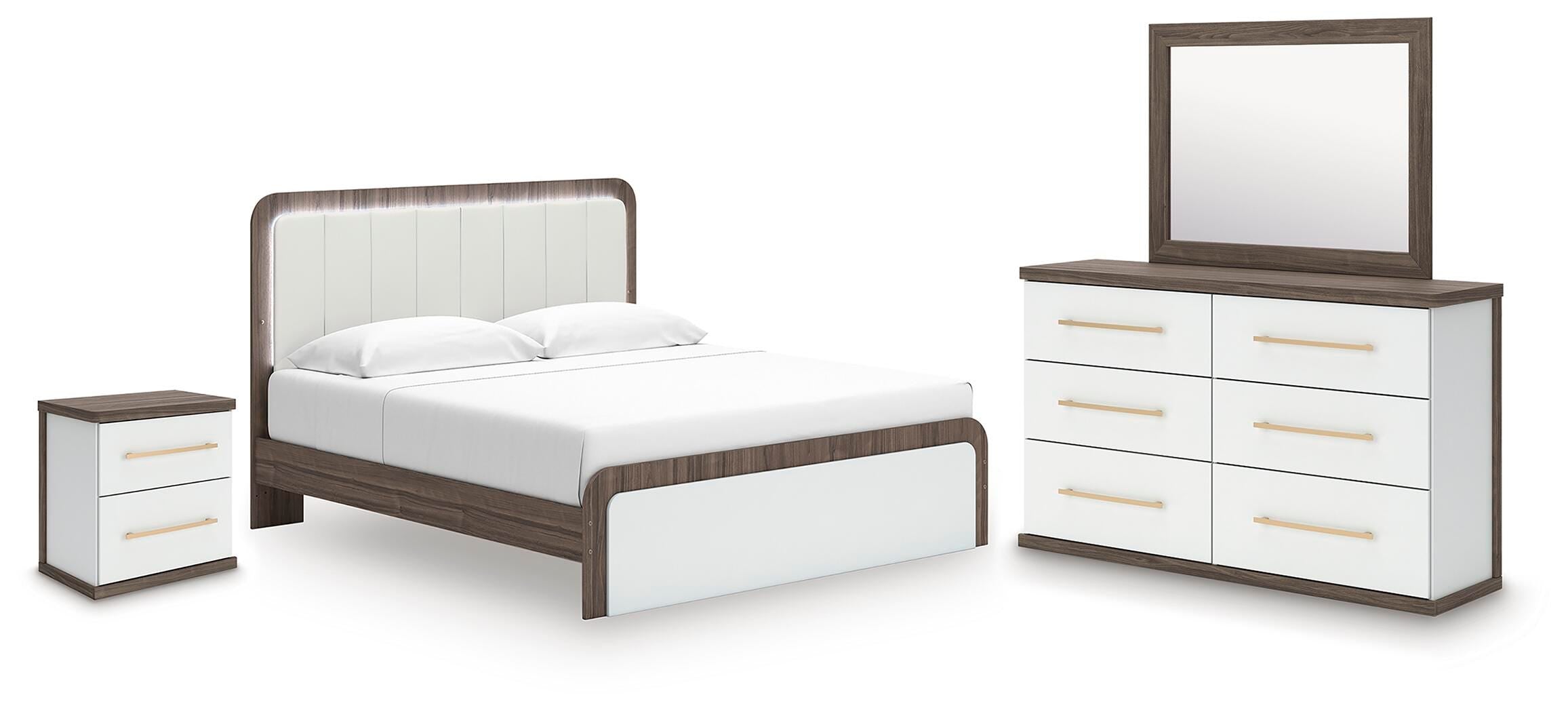 Kendanport Upholstered Bed, Dresser, Mirror and Nightstand