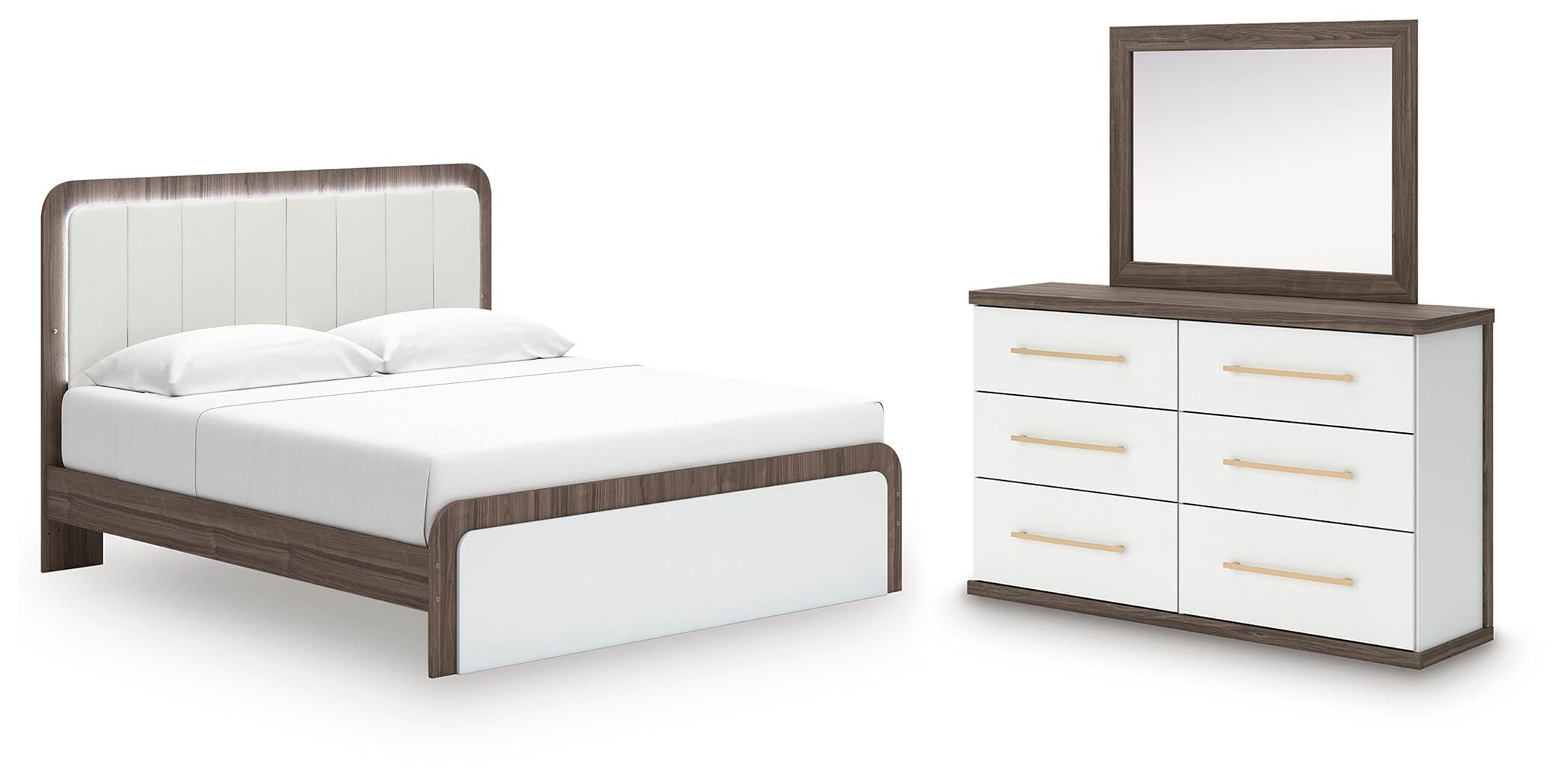 Kendanport Upholstered Platform Bed, Dresser and Mirror