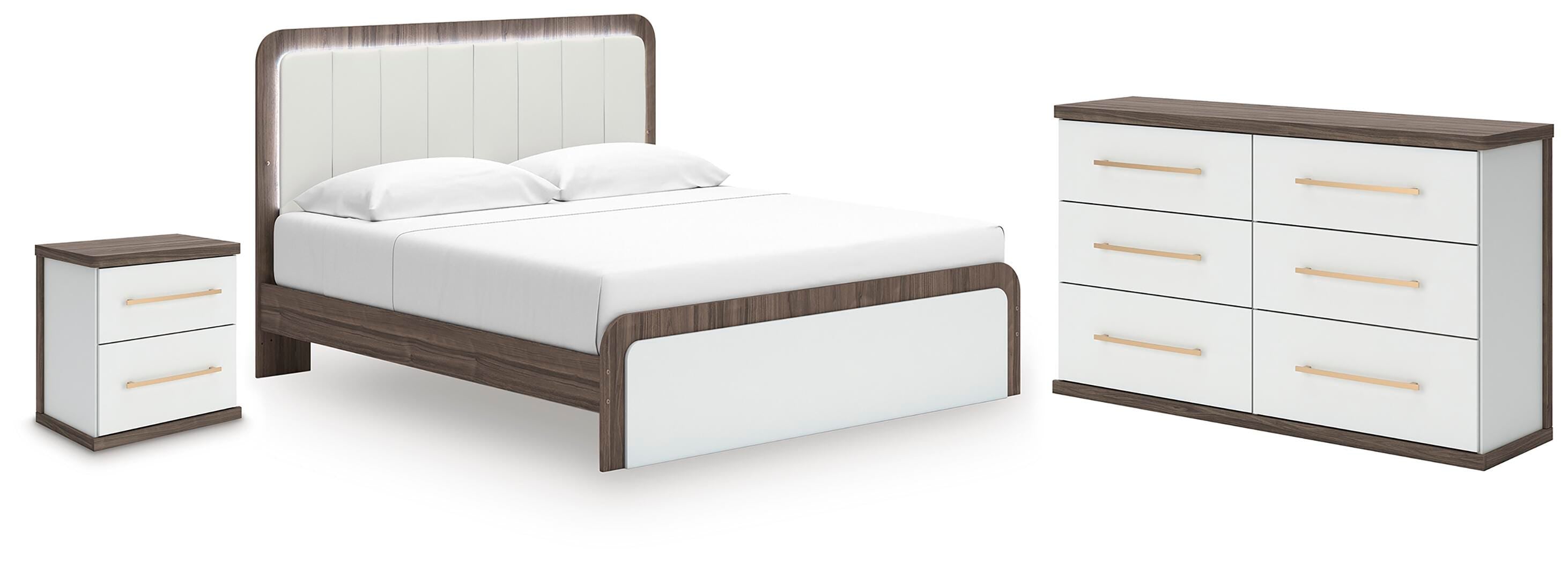 Kendanport Upholstered Bed, Dresser and Nightstand