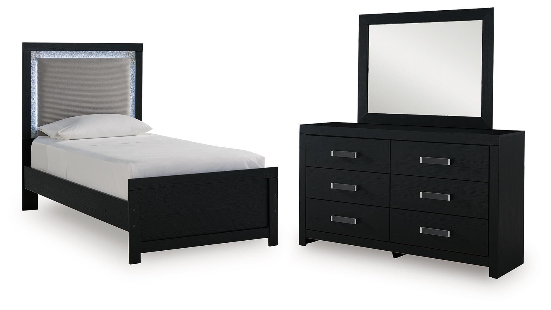 Maeling Upholstered Panel Bed, Dresser and Mirror