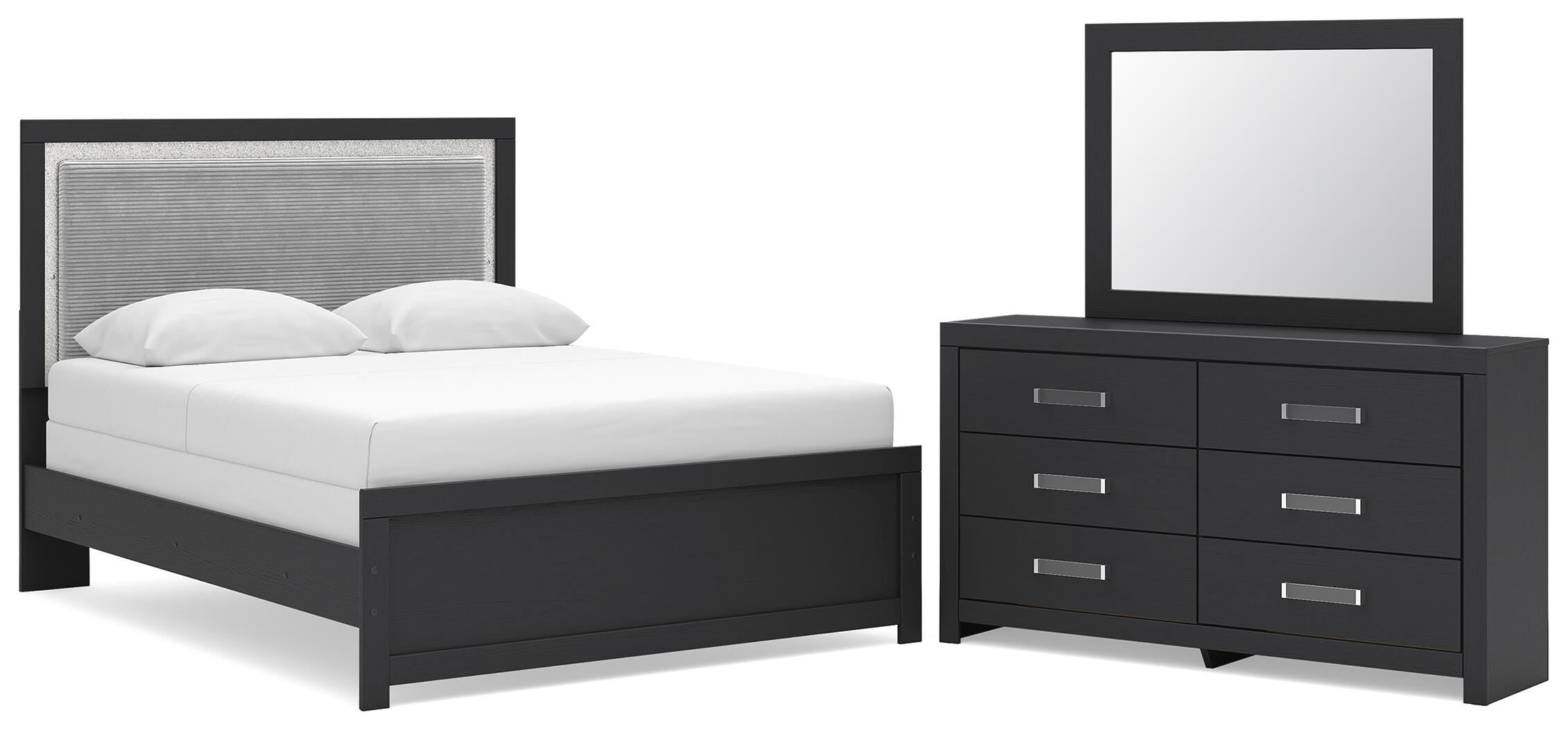 Maeling Upholstered Panel Bed, Dresser and Mirror