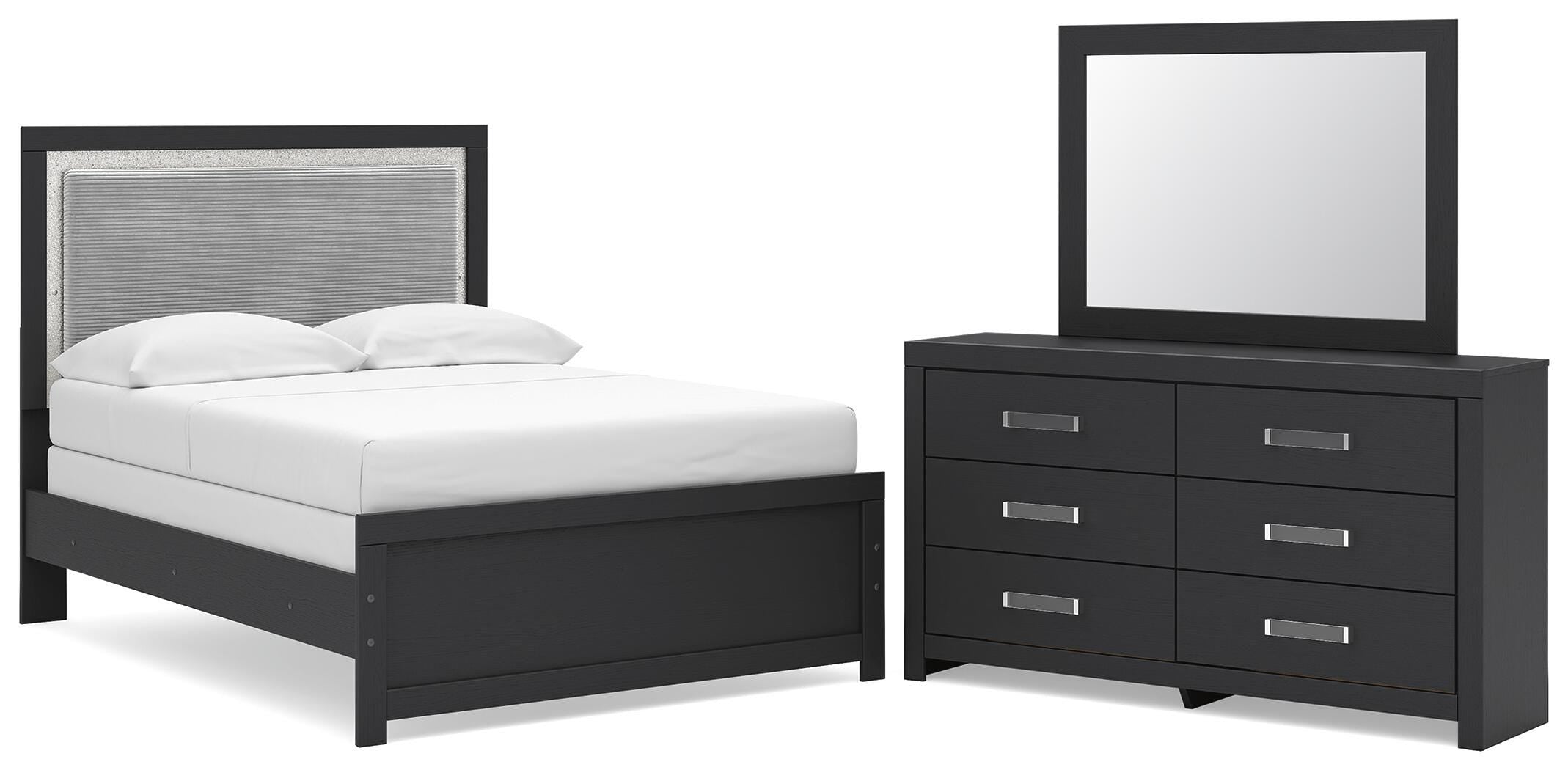 Maeling Upholstered Panel Bed, Dresser and Mirror