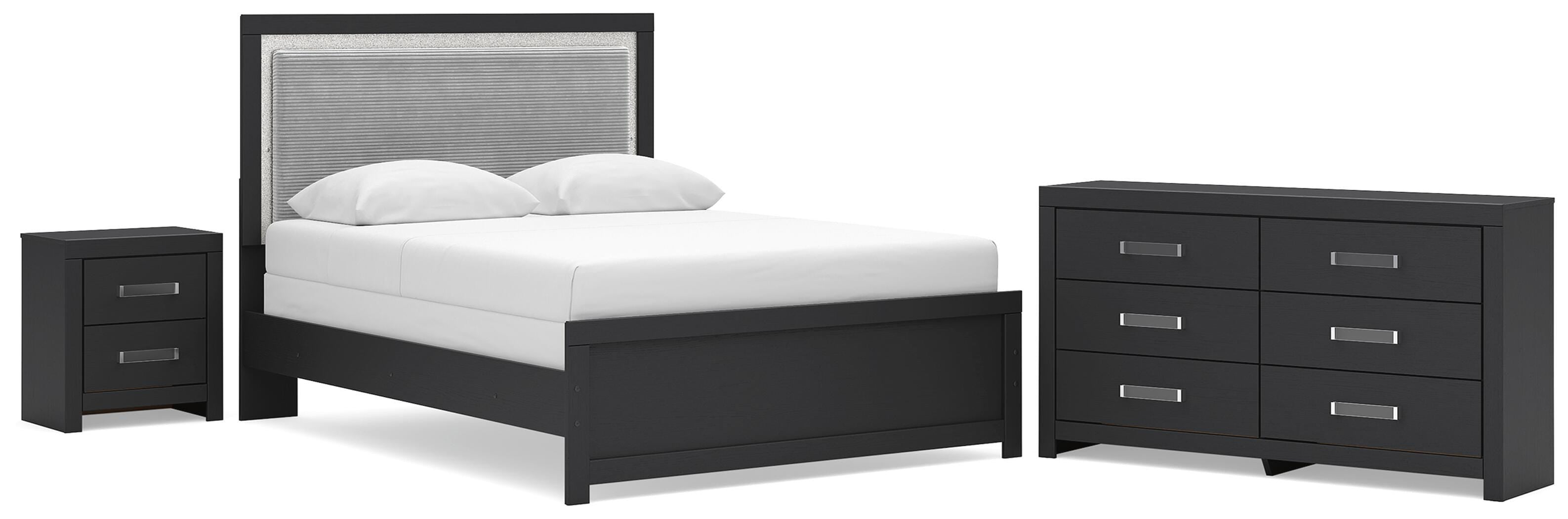Maeling Upholstered Panel Bed, Dresser and Nightstand