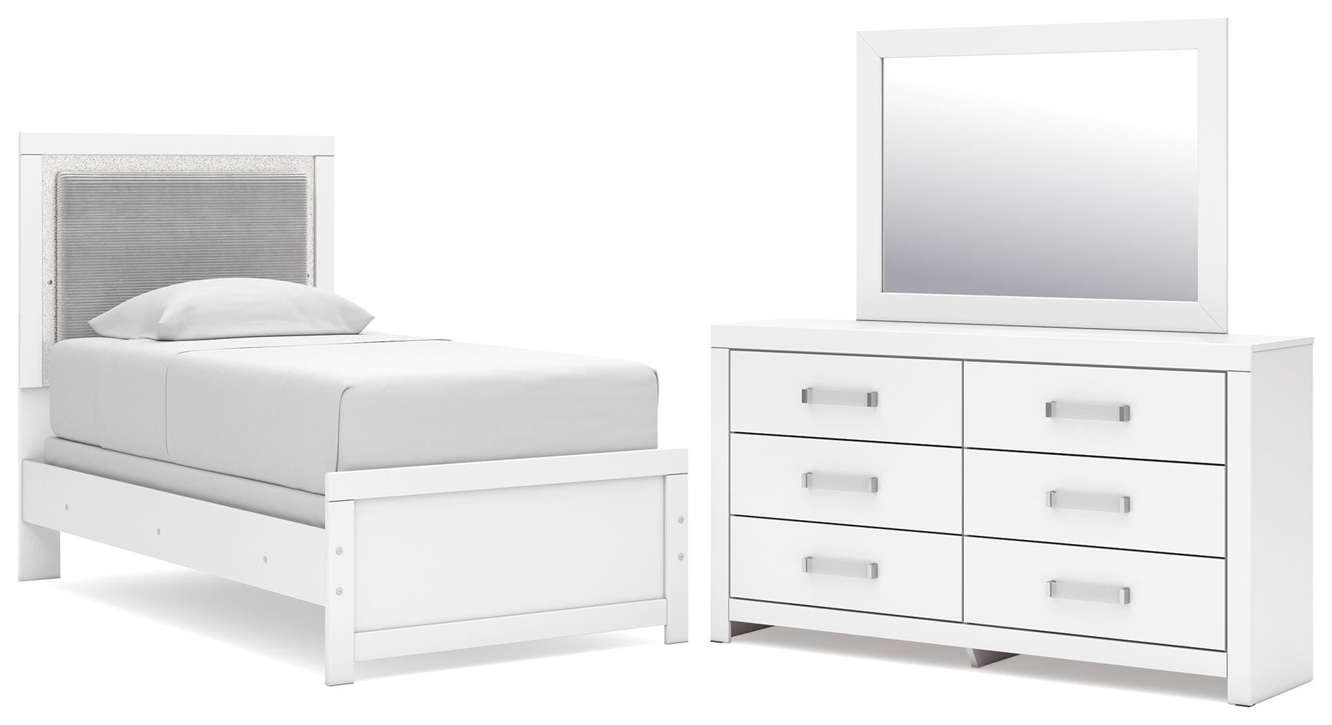 Maeling Upholstered Panel Bed, Dresser and Mirror