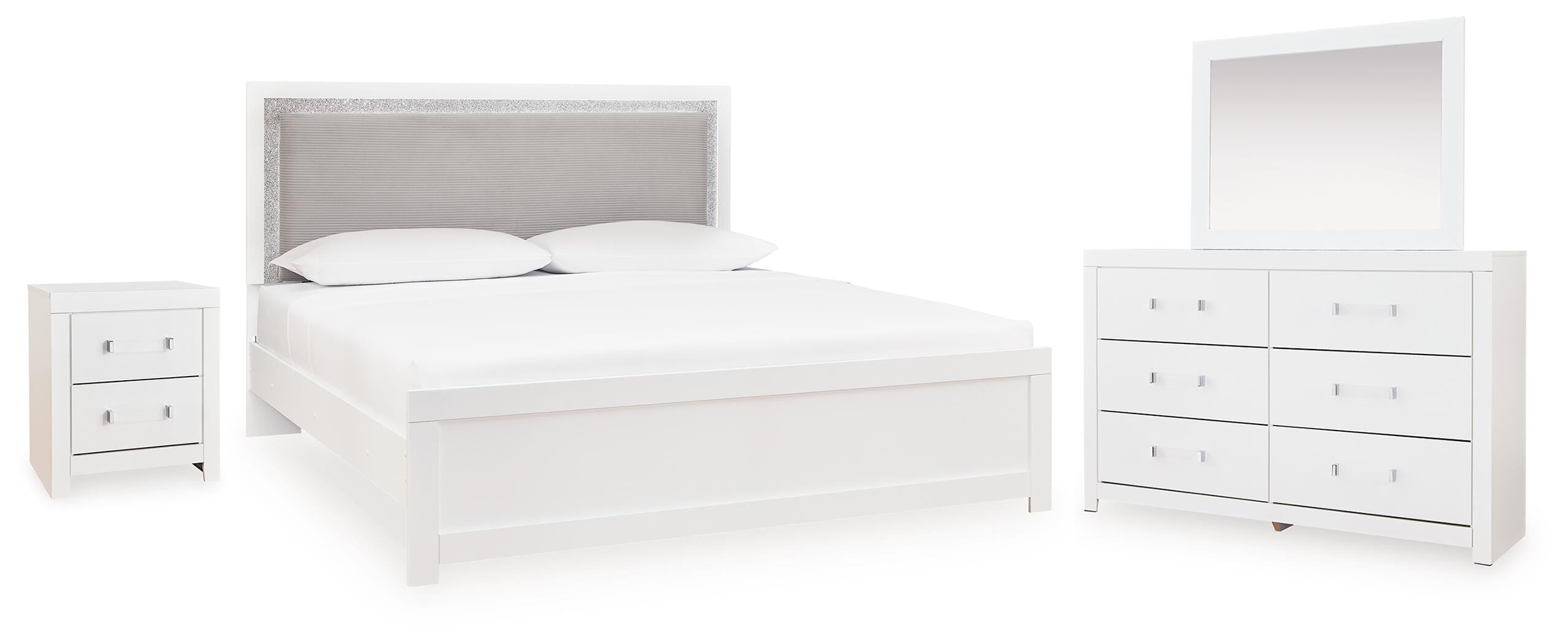 Maeling Upholstered Panel Bed. Dresser, Mirror and Nightstand