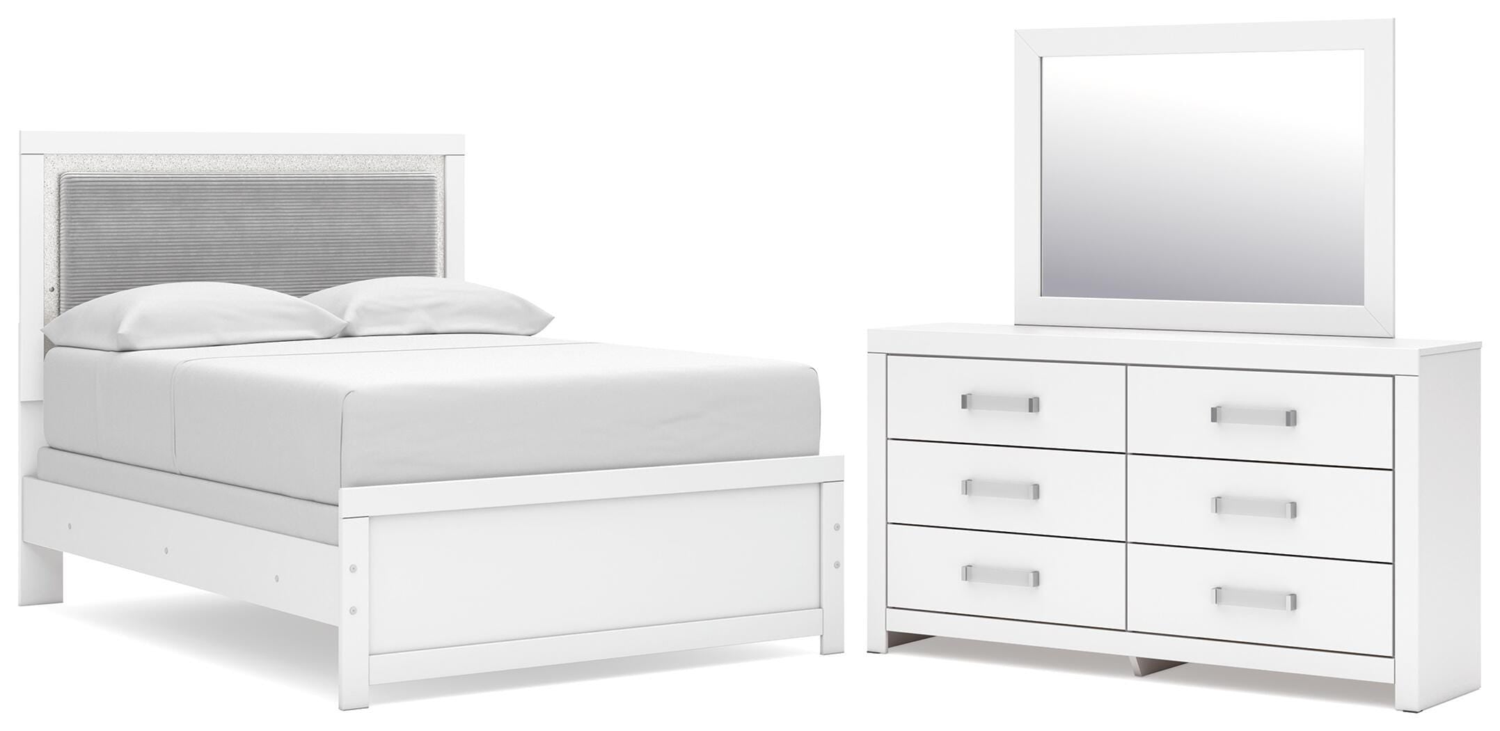 Maeling Upholstered Panel Bed, Dresser and Mirror