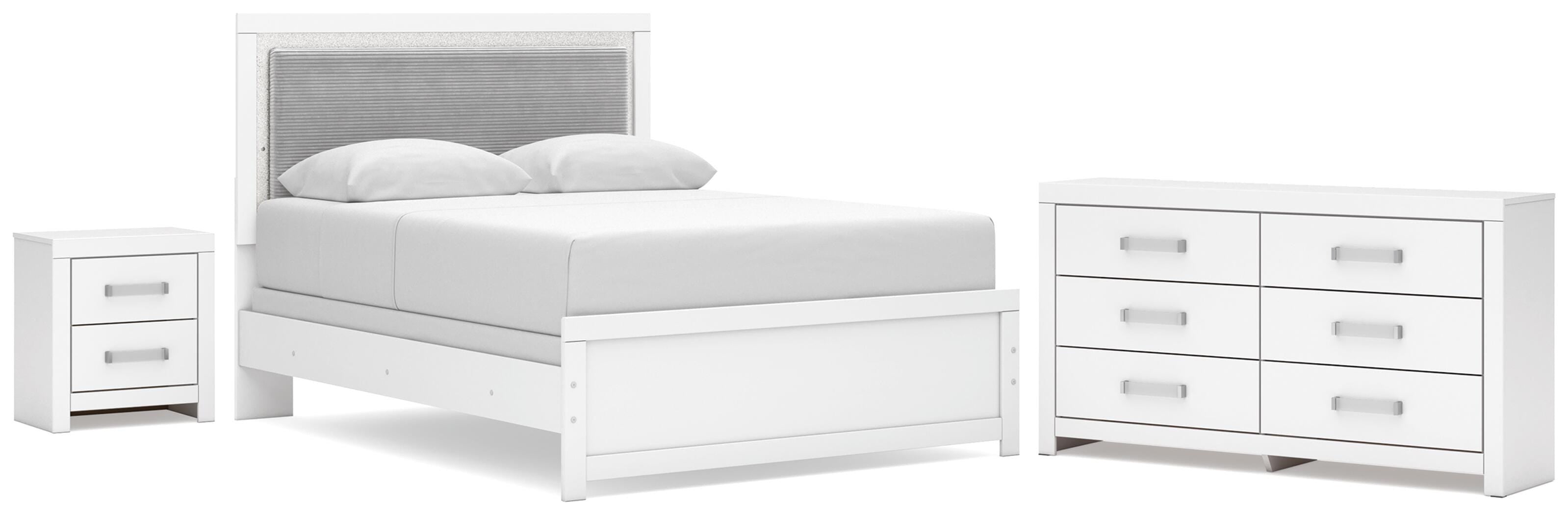 Maeling Upholstered Panel Bed, Dresser and Nightstand