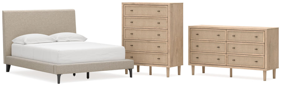 Cielden Upholstered Bed with Roll Slats, Dresser and Chest