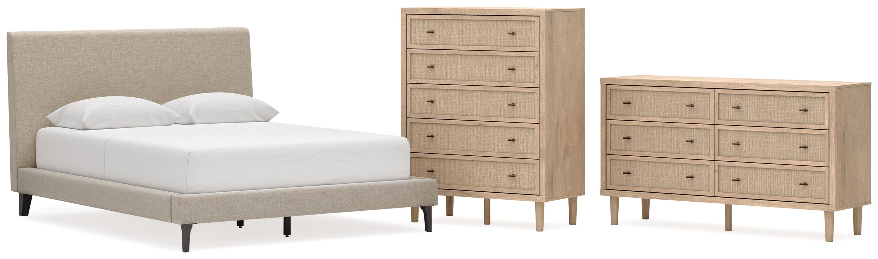 Cielden Upholstered Bed with Roll Slats, Dresser and Chest