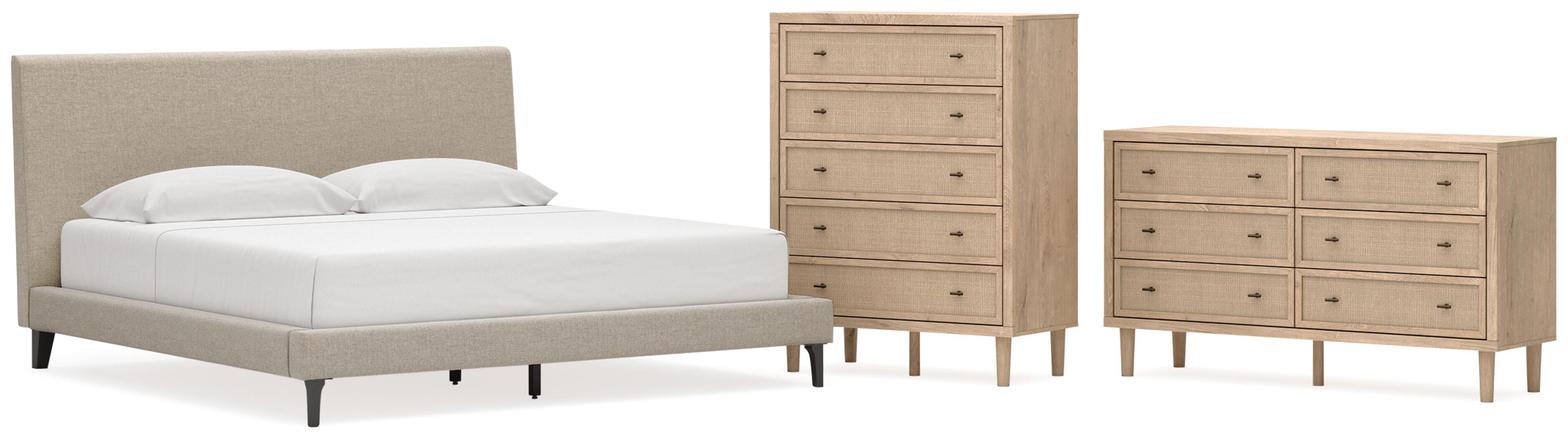 Cielden Upholstered Bed with Roll Slats, Dresser and Chest