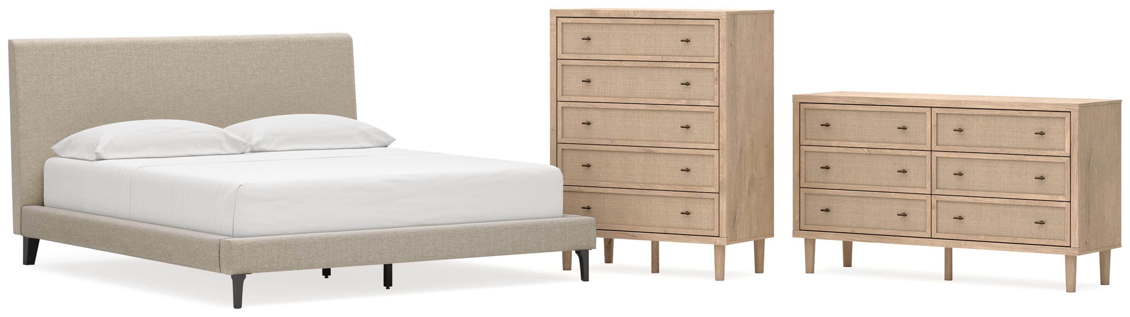 Cielden Upholstered Bed with Roll Slats, Dresser and Chest