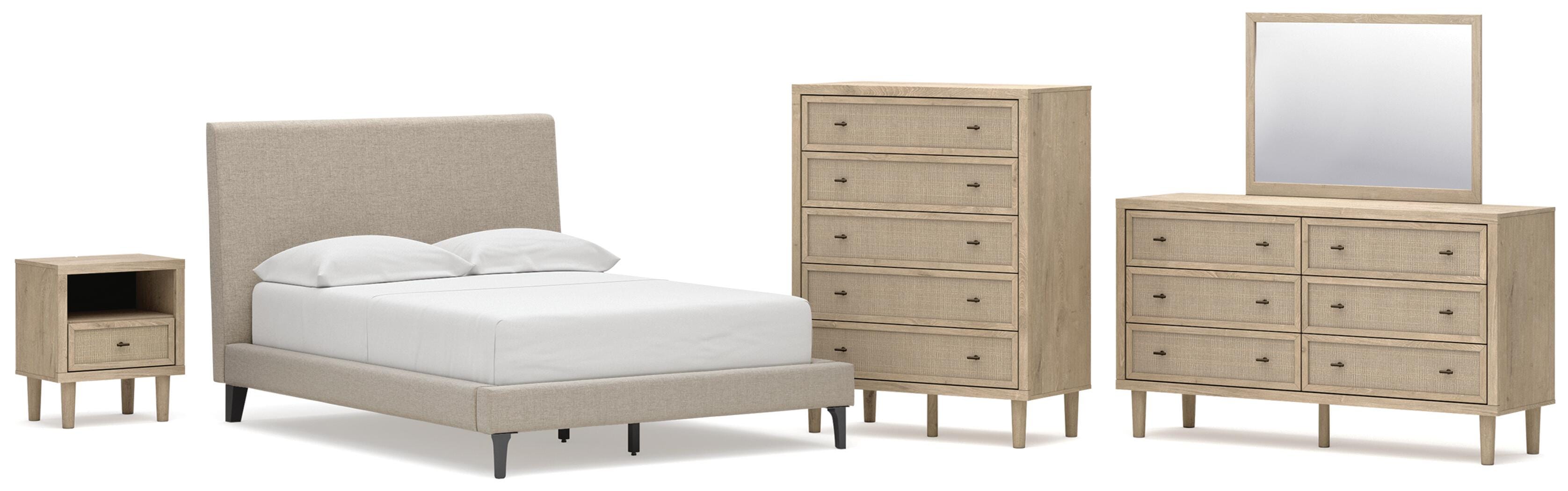 Cielden Upholstered Bed with Roll Slats, Dresser, Mirror, Chest and Nightstand