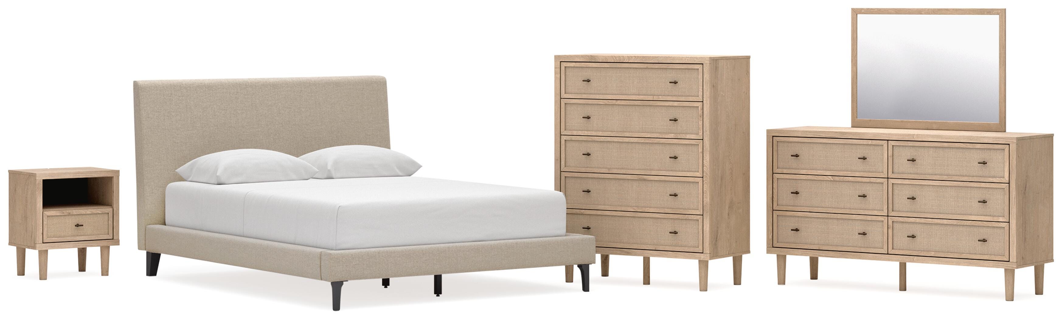Cielden Upholstered Bed with Roll Slats, Dresser, Mirror, Chest and Nightstand