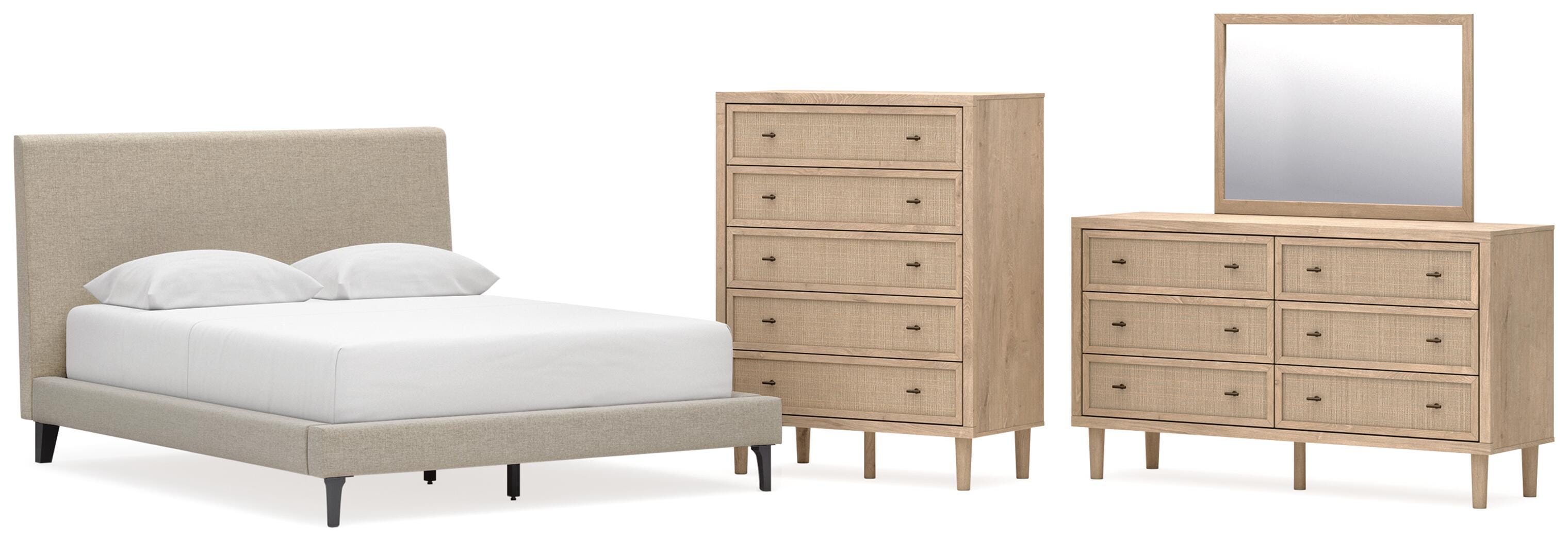 Cielden Upholstered Bed with Roll Slats, Dresser, Mirror and Chest