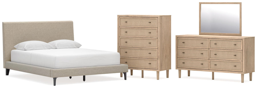 Cielden Upholstered Bed with Roll Slats, Dresser, Mirror and Chest