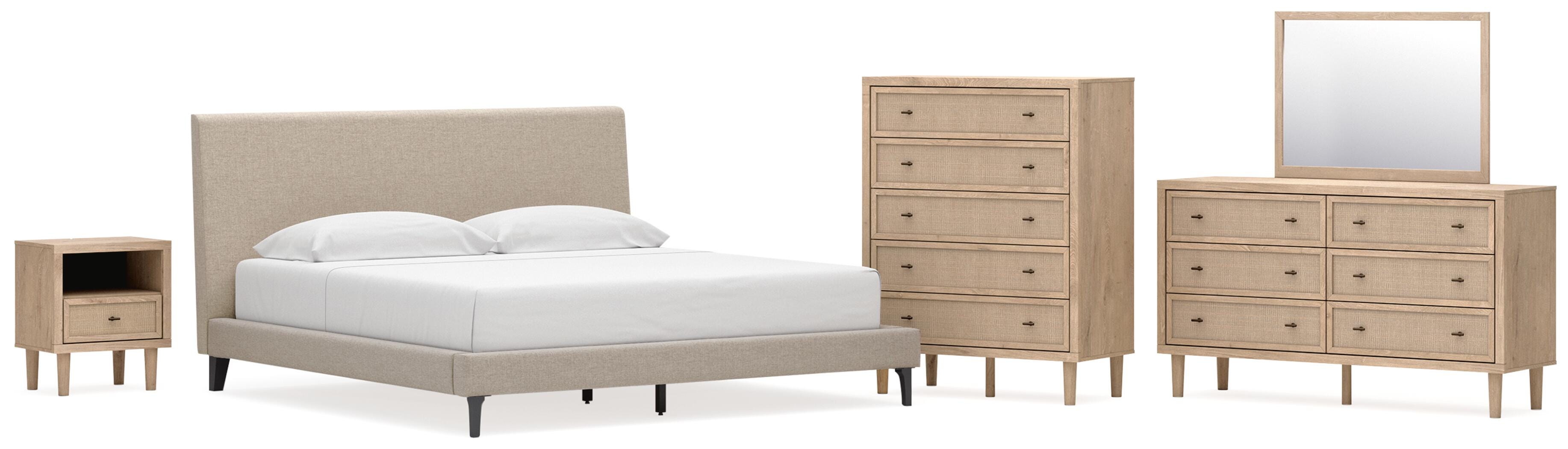 Cielden Upholstered Bed with Roll Slats, Dresser, Mirror, Chest and Nightstand