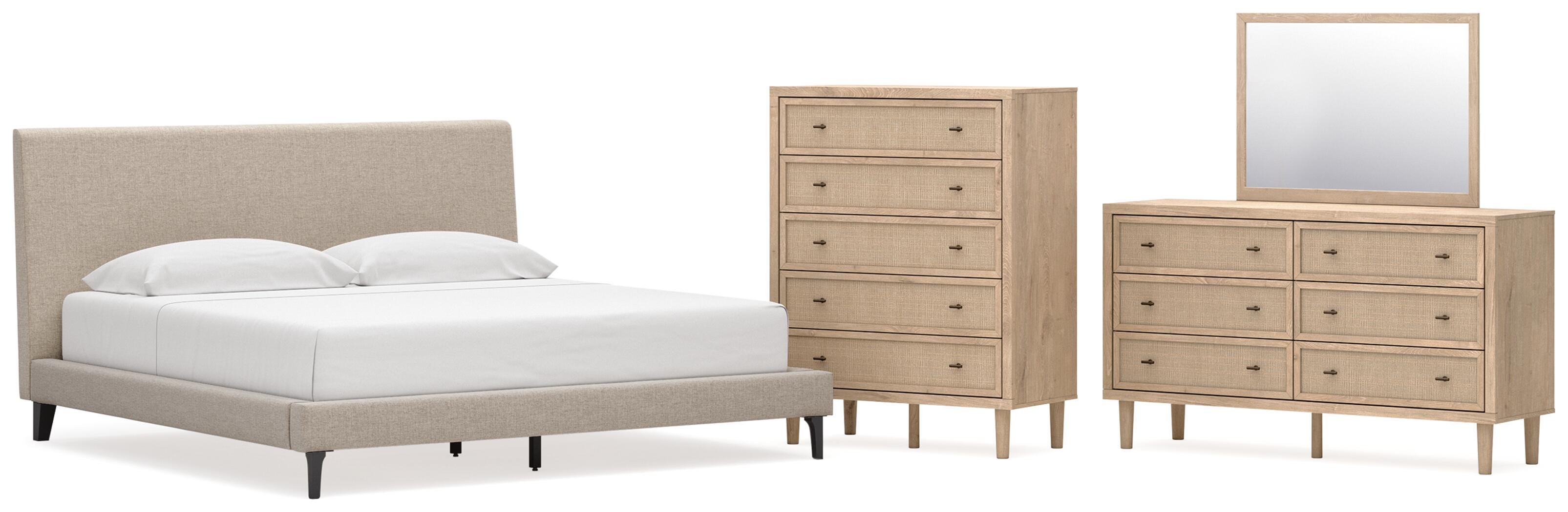Cielden Upholstered Bed with Roll Slats, Dresser, Mirror and Chest