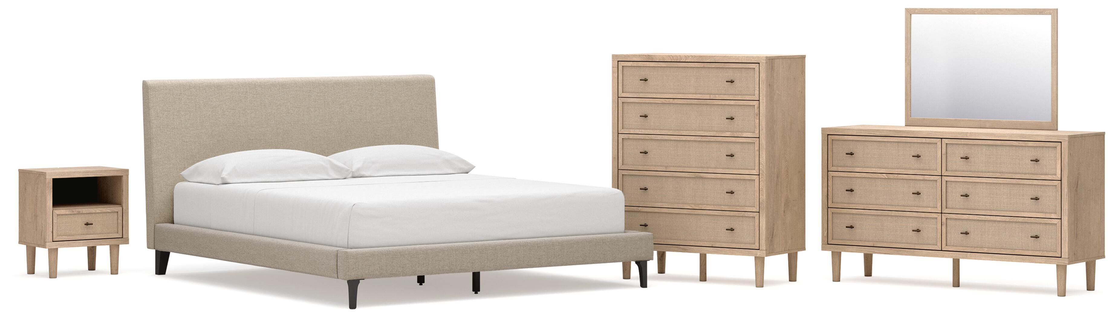 Cielden Upholstered Bed with Roll Slats, Dresser, Mirror, Chest and Nightstand