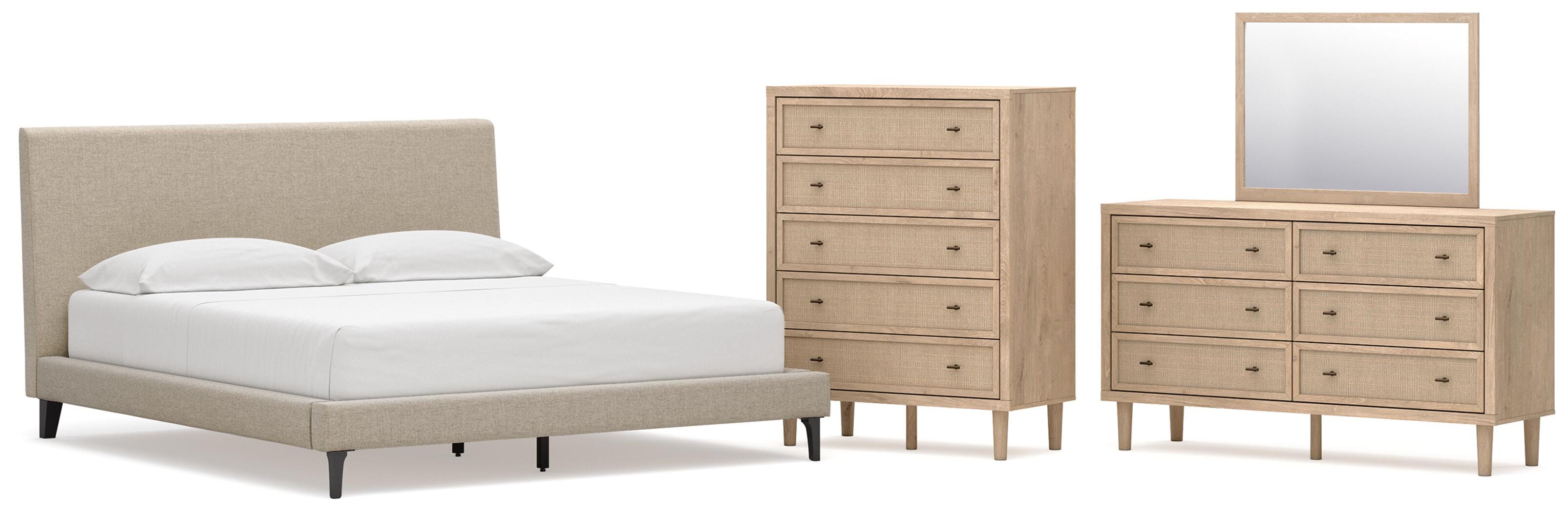 Cielden Upholstered Bed with Roll Slats, Dresser, Mirror and Chest