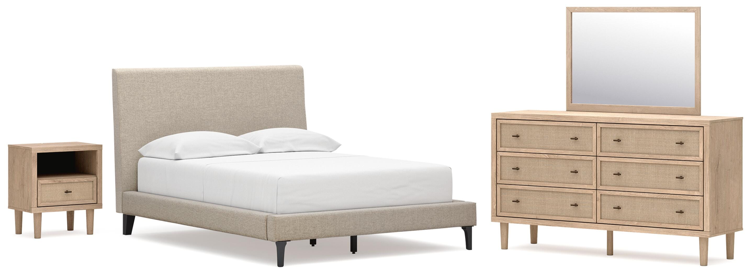 Cielden Upholstered Bed with Roll Slats, Dresser, Mirror and Nightstand