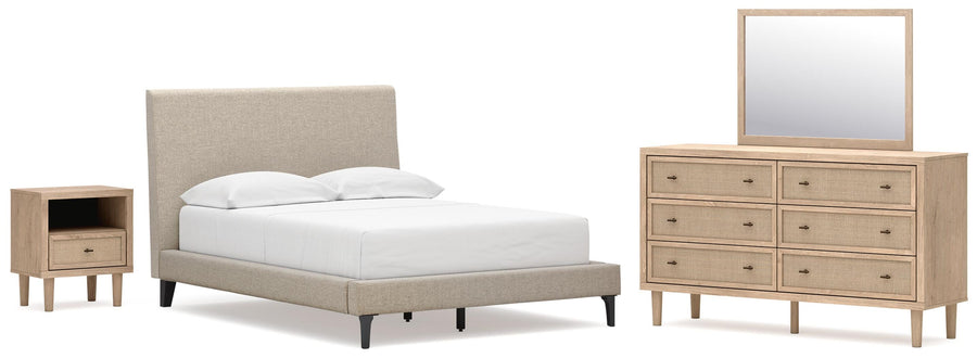 Cielden Upholstered Bed with Roll Slats, Dresser, Mirror and Nightstand
