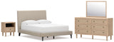 Cielden Upholstered Bed with Roll Slats, Dresser, Mirror and Nightstand