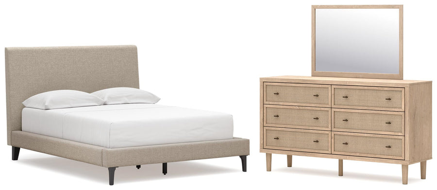 Cielden Upholstered Bed with Roll Slats, Dresser and Mirror