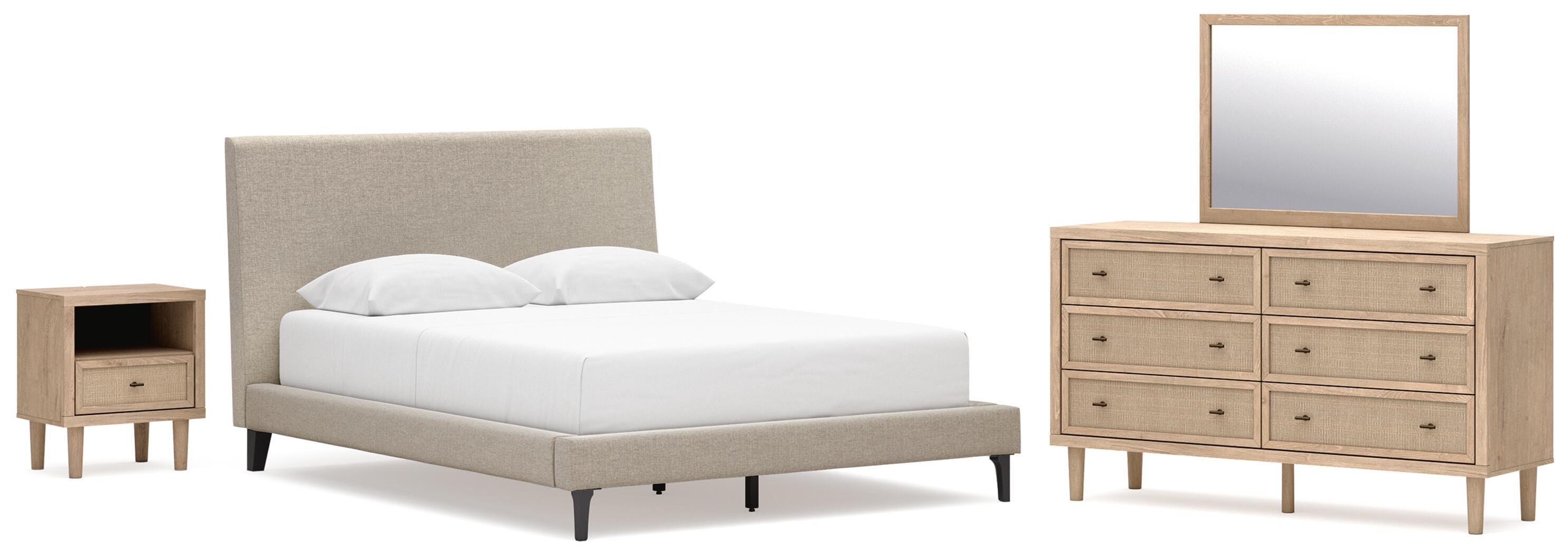 Cielden Upholstered Bed with Roll Slats, Dresser, Mirror and Nightstand