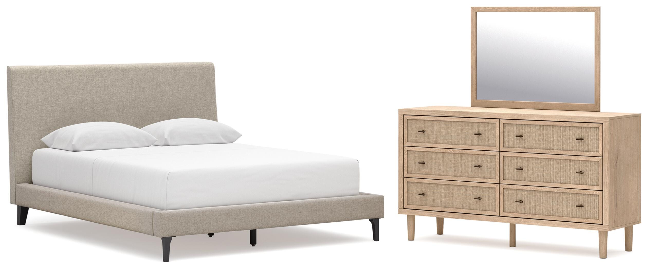 Cielden Upholstered Bed with Roll Slats, Dresser and Mirror