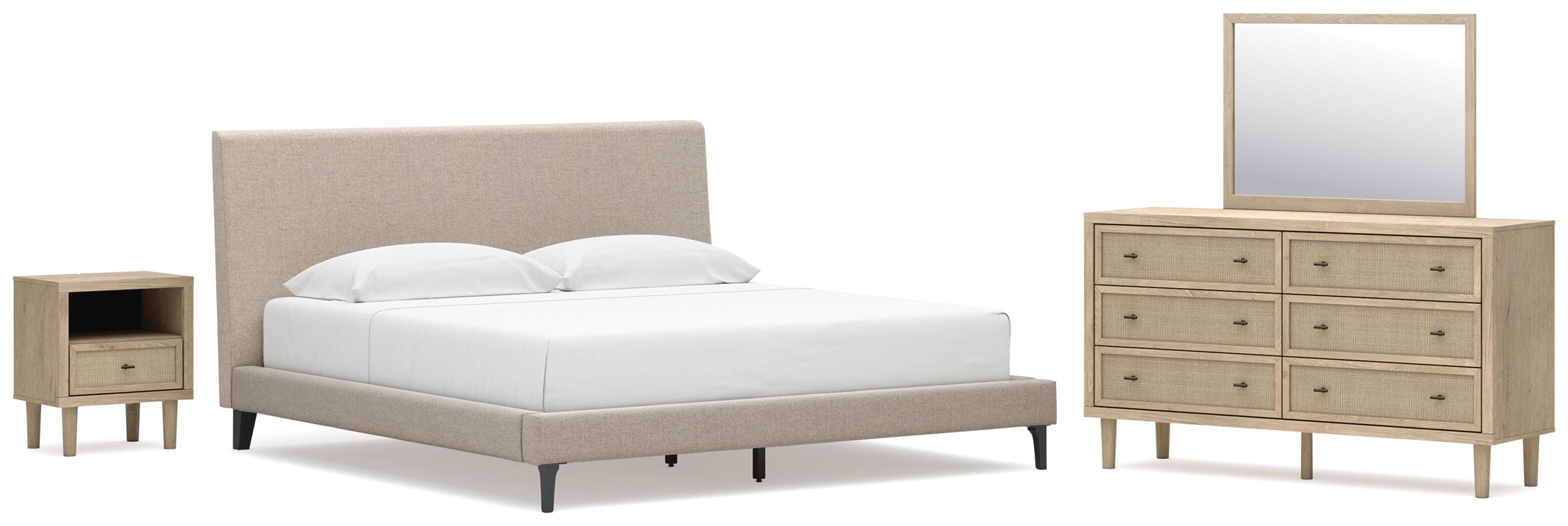 Cielden Upholstered Bed with Roll Slats, Dresser, Mirror and Nightstand