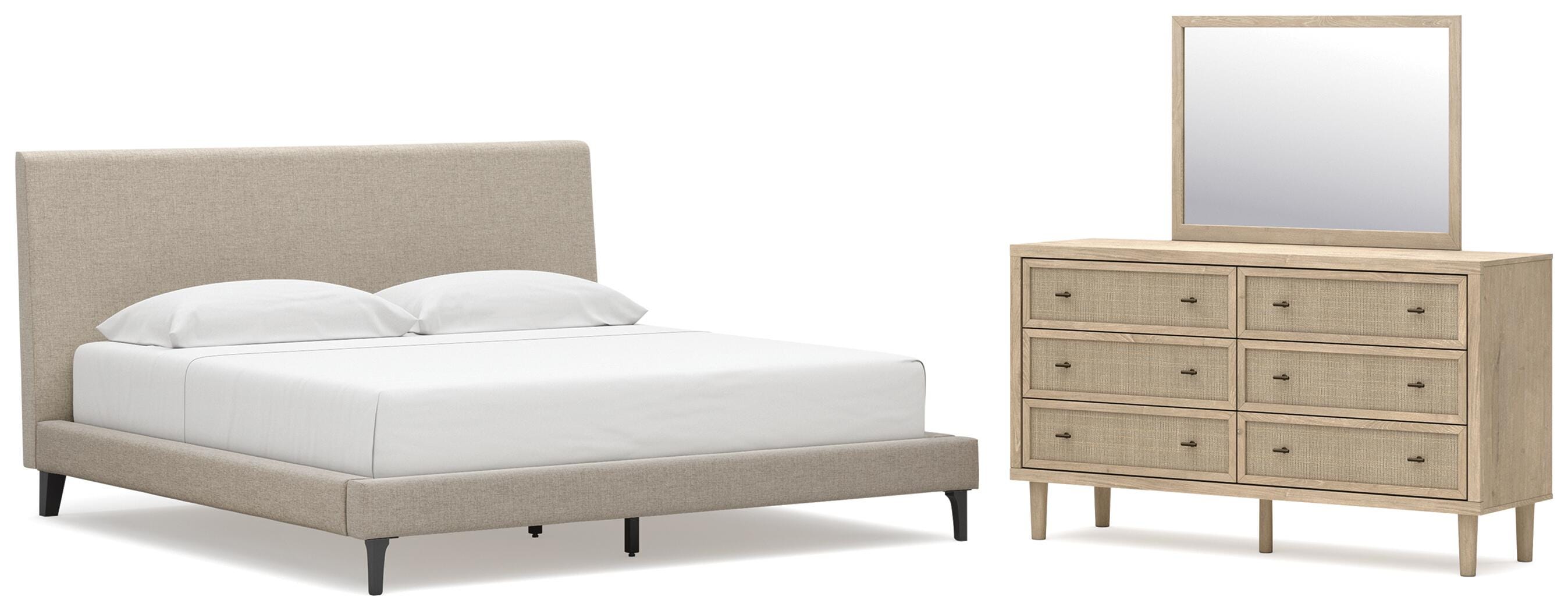 Cielden Upholstered Bed with Roll Slats, Dresser and Mirror