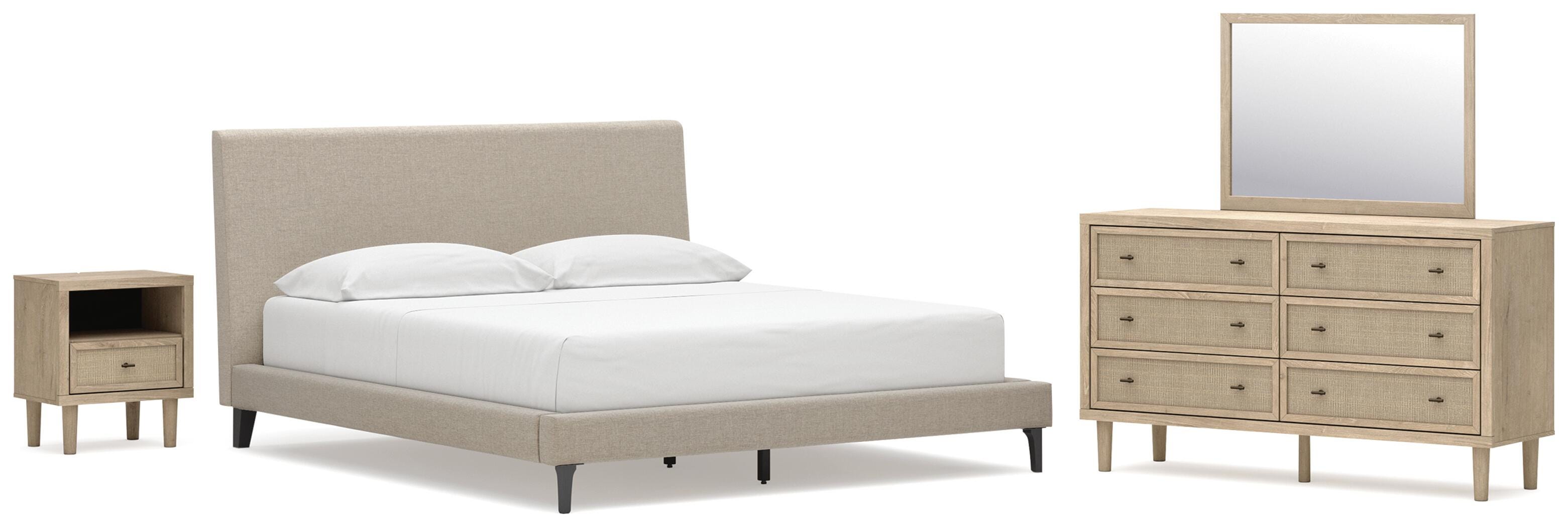 Cielden Upholstered Bed with Roll Slats, Dresser, Mirror and Nightstand