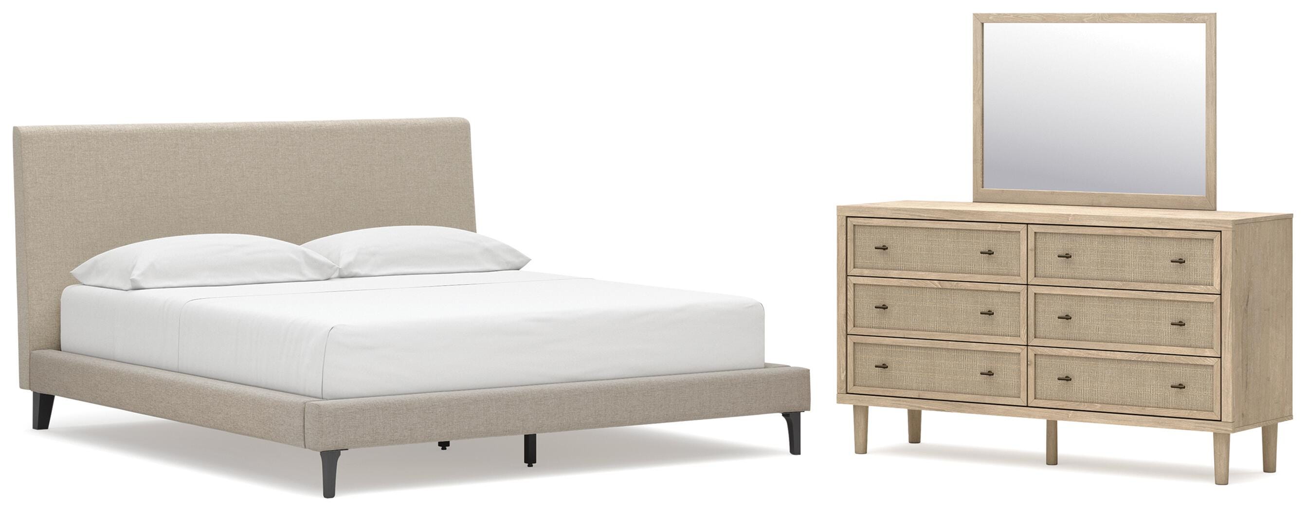 Cielden Upholstered Bed with Roll Slats, Dresser and Mirror