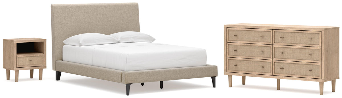 Cielden Upholstered Bed with Roll Slats, Dresser and Nightstand