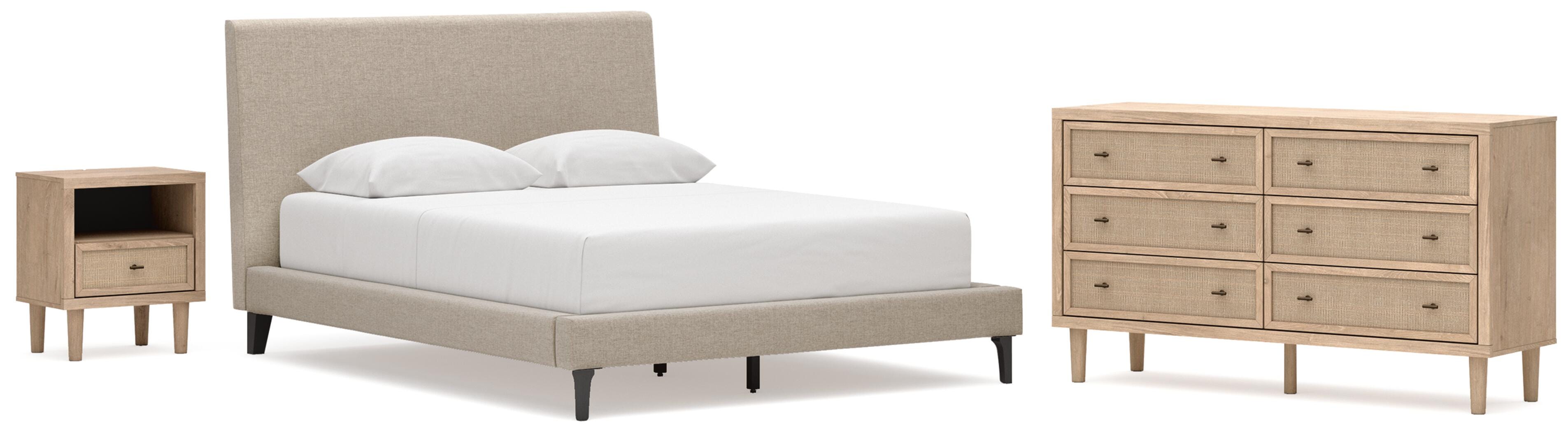 Cielden Upholstered Bed with Roll Slats, Dresser and Nightstand
