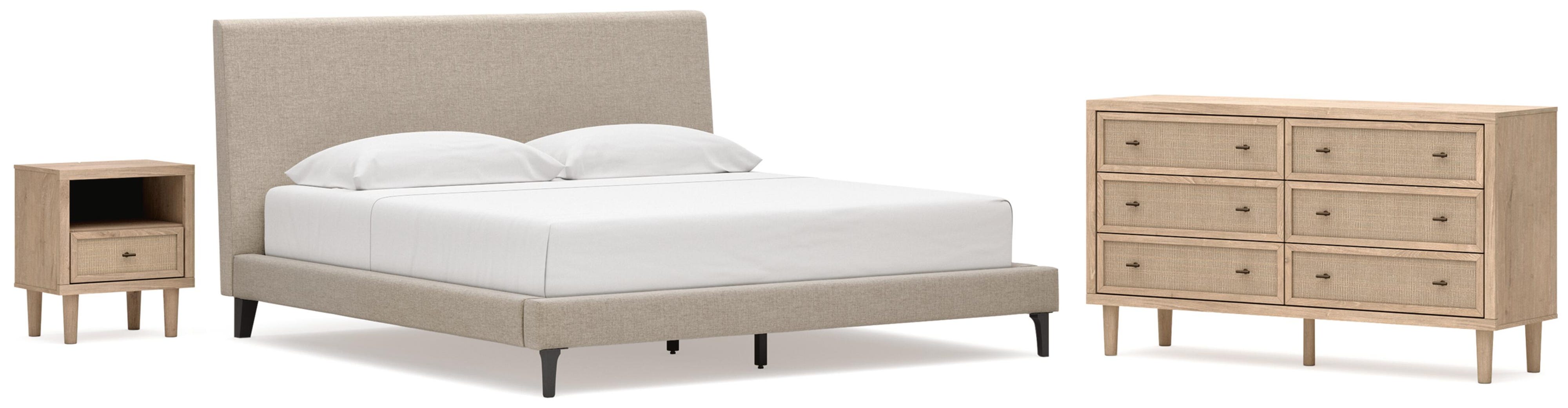 Cielden Upholstered Bed with Roll Slats, Dresser and Nightstand