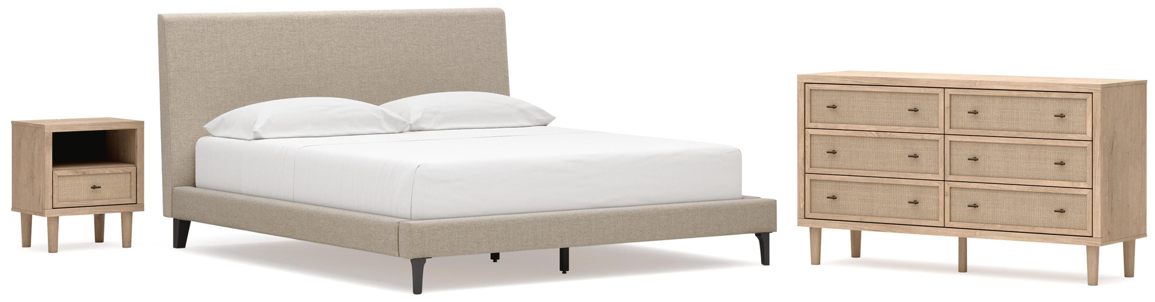 Cielden Upholstered Bed with Roll Slats, Dresser and Nightstand